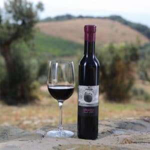 Dessertwein Aleatico Flasche mit eingeschenktem Glas auf Mauer vor Olivenhain