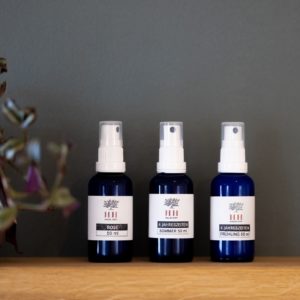 Moodbild von allen drei Sorten Aromasprays auf einem Holzuntergrund. Daneben steht eine Pflanze.