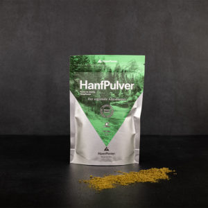 Hanfpulver Verpackung mit Pulver auf der Tischplatte