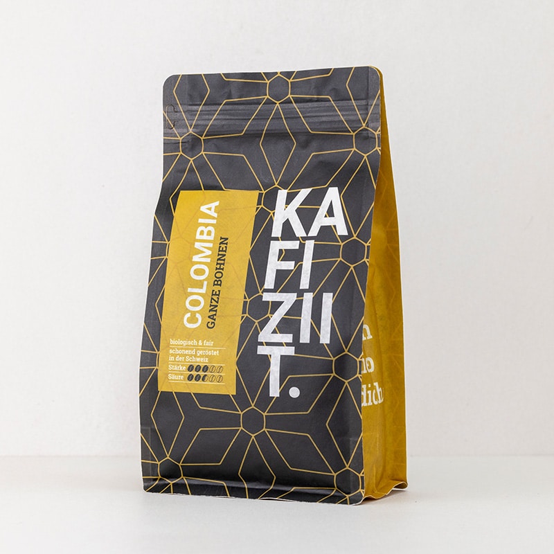 Kaffee Colombia ganze Bohnen Seitenansicht Verpackung