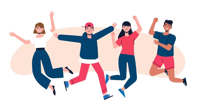 Ein illustrietes Bild von 2 Frauen und 2 Männer. Sie springen in die Höhe und sind glücklich.