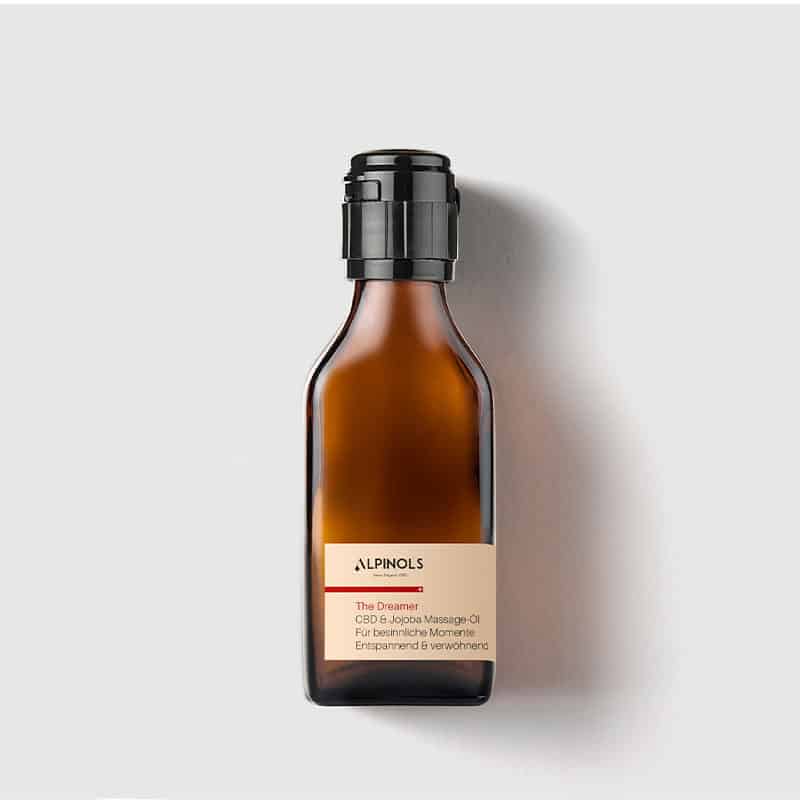 Produktbild CBD Massageoel braune Flasche mit heller Etikette
