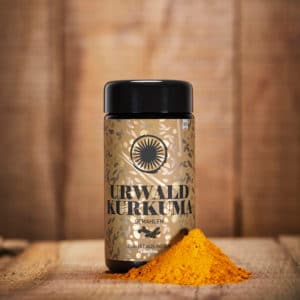Urwaldkurkuma im Mironglas und goldener Etikette